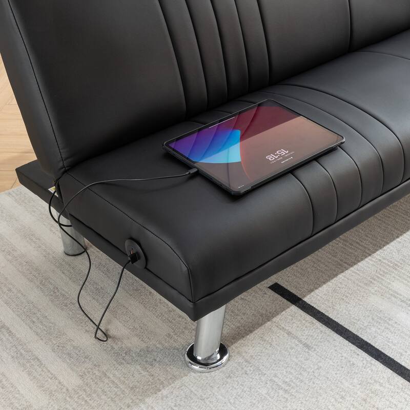 Javlergo Faux Leather Futon Sofa Bed, Modern Convertible Recliner Lounge with Dual USB Charging